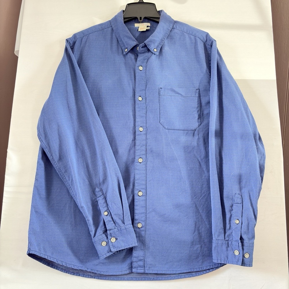 Carbon@Cobalt Men Casual Button Down Shirt Long Sleeve Blue PokaDot Cotton Large